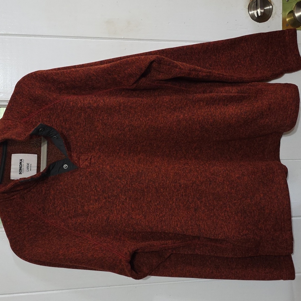 Sonoma Men's Pullover Sweater Shirt Red Black Snaps Pockets Warm Sz L EUC